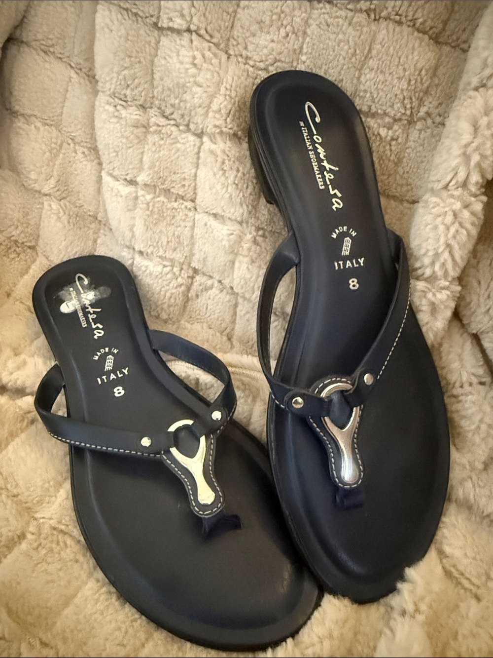Italian Shoemakers Navy Leather Thong Sandals with Metallic Accent